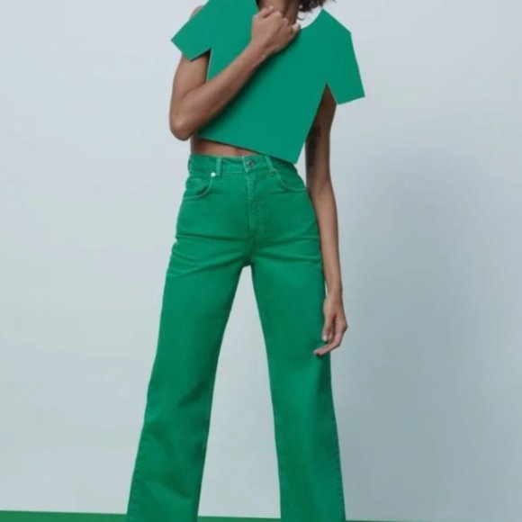 Zara Wide Leg Raw Ripped Hem Bright Green High Waisted Mom Jeans Y2K: 2 - Picture 11 of 12